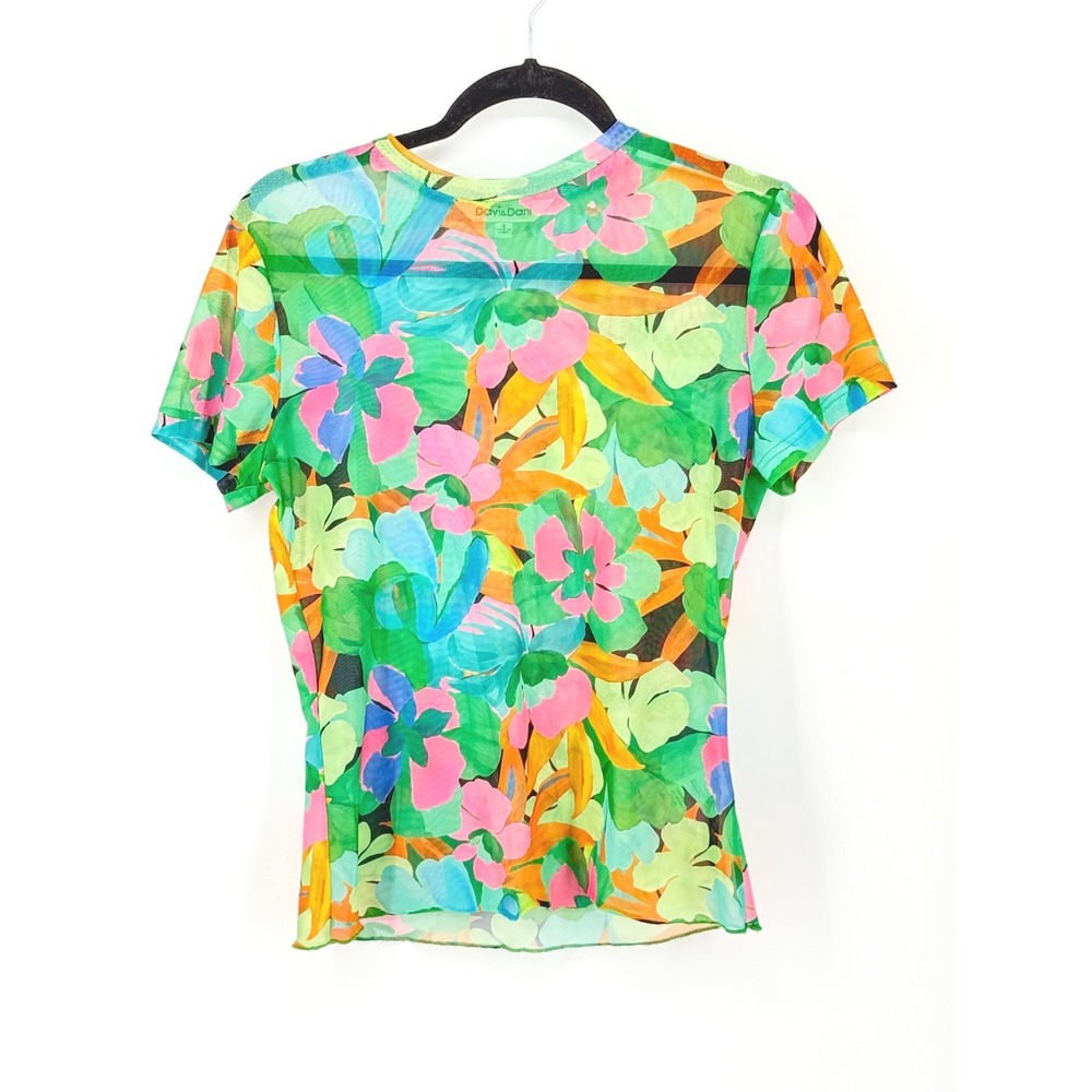 Women Rave Tropical Floral Sheer Mesh Short Sleeve Top Small Festival Summer
